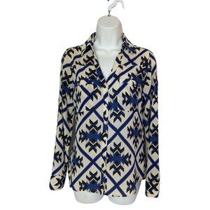 Express Factory Cream, Black & Blue Blouse Button up Tab Sleeve Size XS